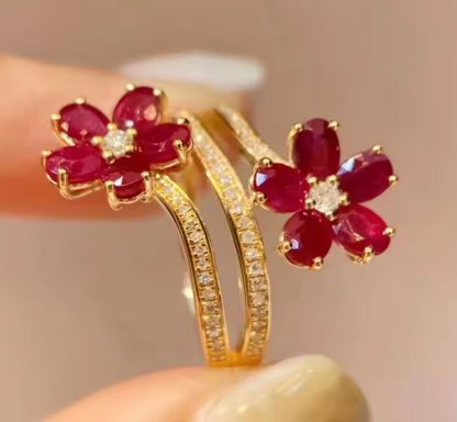 Fashion Vintage Delicate Floral Ruby Rings for Female Temperament Inlaid Full of Cubic Zirconia Opening Ring Party Birthday Gift - NATASHAHS