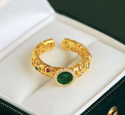 Natural Hetian Jasper jade exquisite Ancient gold craftsmanship Court style rings for women high-grade Retro classic jewelry - NATASHAHS