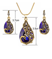 Hesiod New Vintage Women Elegant Peacock Waterdrop Rhinestone Pendant Necklace Earrings Crystal Jewelry Set Wedding Jewlery