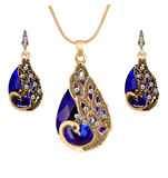 Hesiod New Vintage Women Elegant Peacock Waterdrop Rhinestone Pendant Necklace Earrings Crystal Jewelry Set Wedding Jewlery