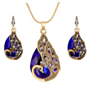 Hesiod New Vintage Women Elegant Peacock Waterdrop Rhinestone Pendant Necklace Earrings Crystal Jewelry Set Wedding Jewlery