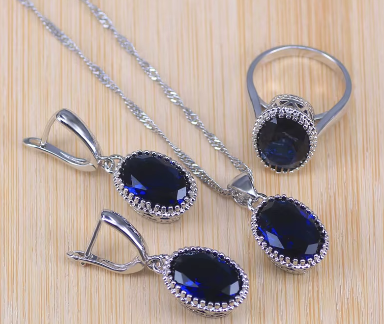 Blue Zircon Bridal Silver 925 Costume Jewelry Sets Women Pendant&Necklace Ring Earrings With Natural Stones - NATASHAHS
