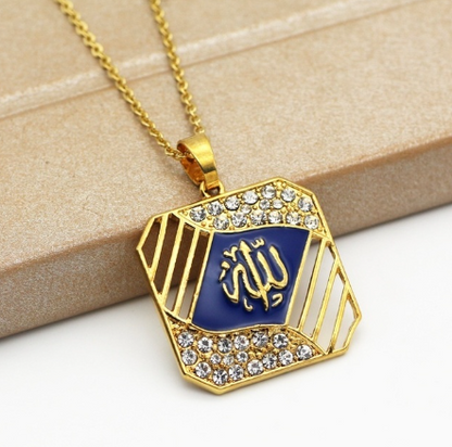 Arab Islamic Muslim Rune Shape Pendant Necklace Women's Necklace Crystal Inlaid Pendant Religious Rune Amulet Accessory Jewelry