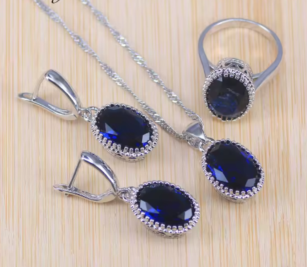 Blue Zircon Bridal Silver 925 Costume Jewelry Sets Women Pendant&Necklace Ring Earrings With Natural Stones