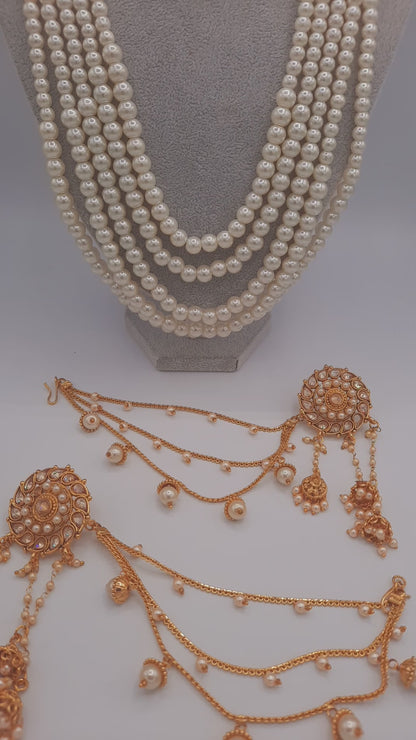 White long maala necklace with white pearls and Kundan Bali with chain and Devdas jhumkas