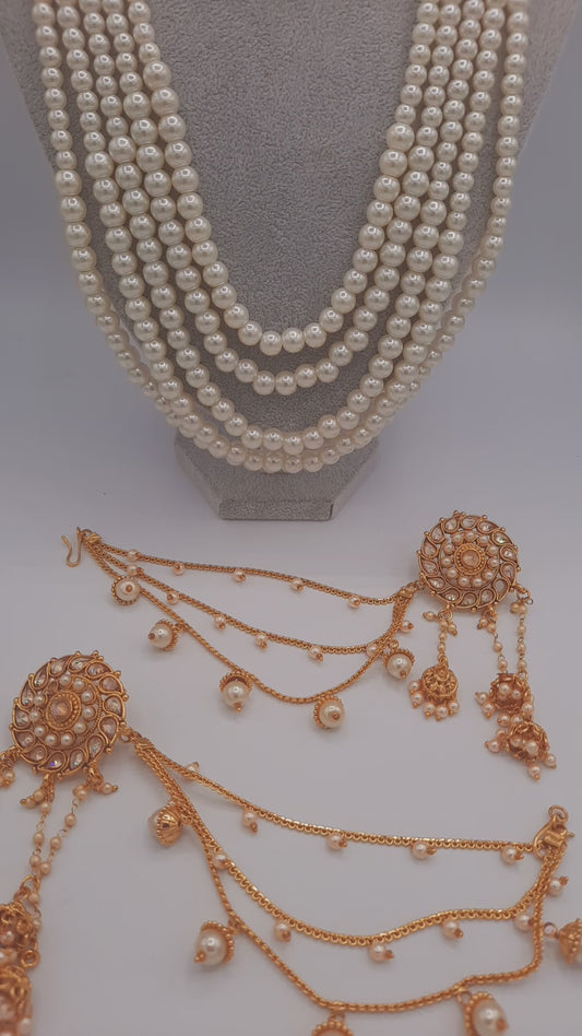 White long maala necklace with white pearls and Kundan Bali with chain and Devdas jhumkas
