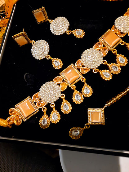 Bridal Jewelry in Golden base with Champaigne precious stones - NATASHAHS