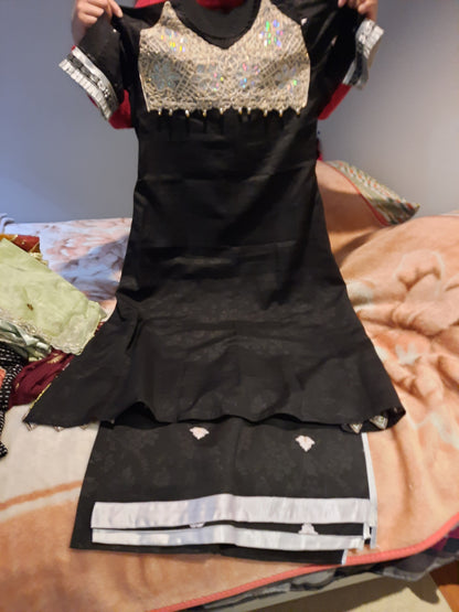 Stittched black embroidred silk cotton dress on self print cotton