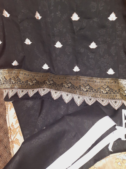 Stittched black embroidred silk cotton dress on self print cotton