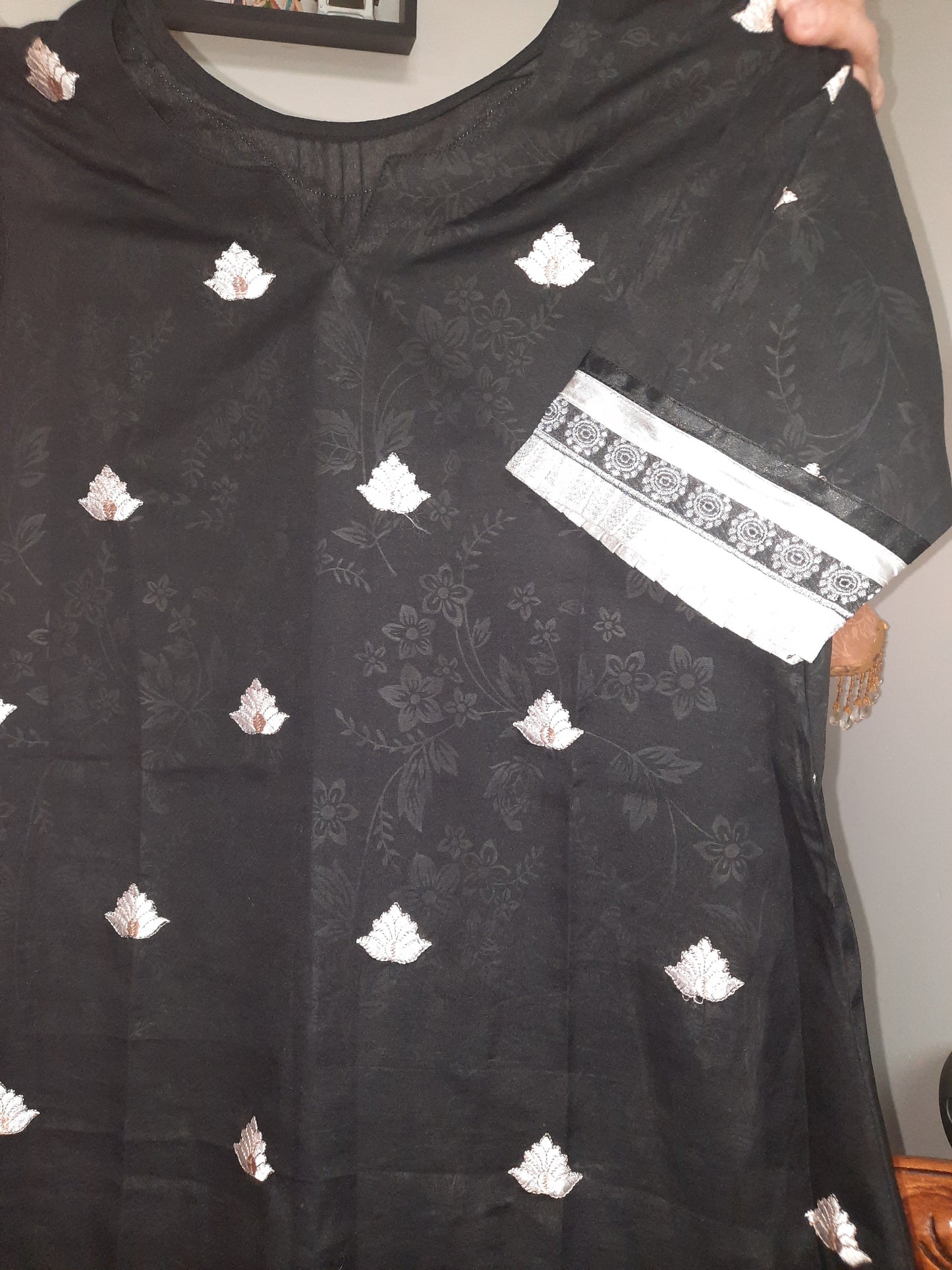 Stittched black embroidred silk cotton dress on self print cotton