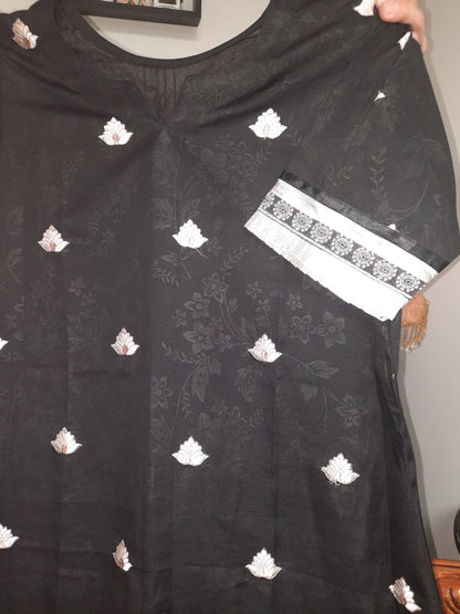 Stittched black embroidred silk cotton dress on self print cotton