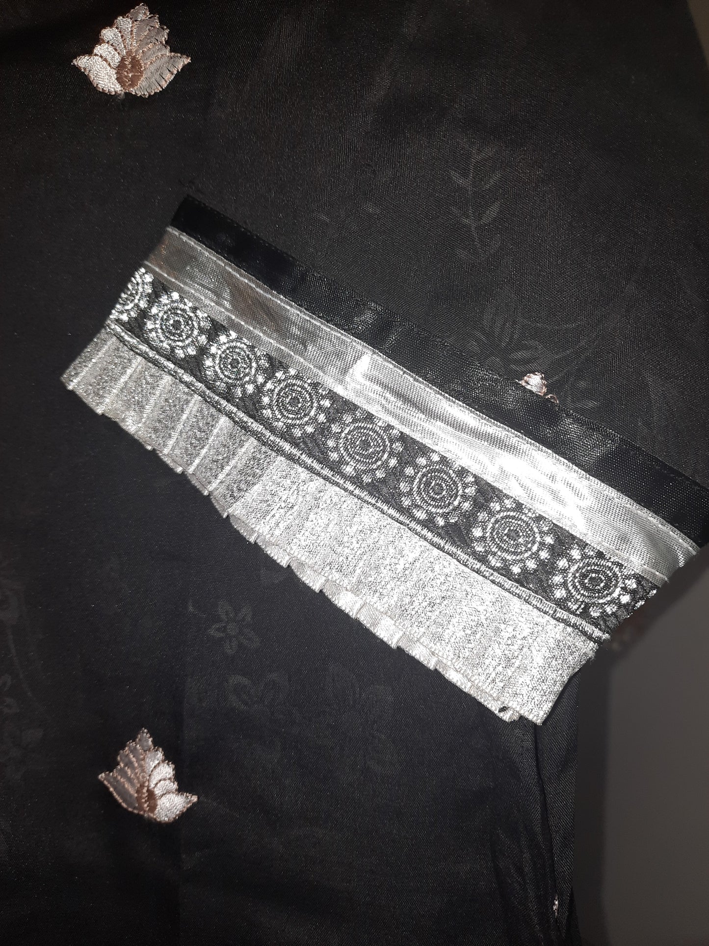 Stittched black embroidred silk cotton dress on self print cotton