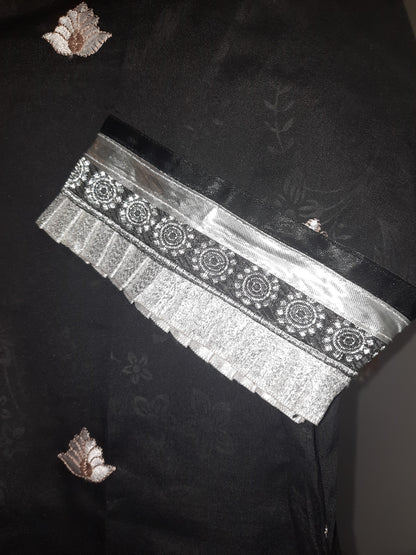 Stittched black embroidred silk cotton dress on self print cotton