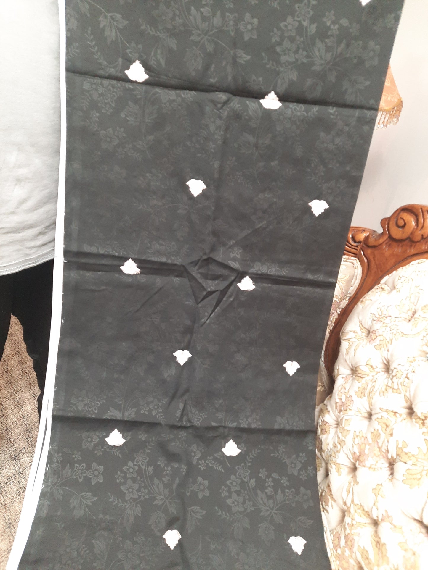 Stittched black embroidred silk cotton dress on self print cotton