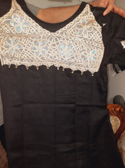 Stittched black embroidred silk cotton dress on self print cotton