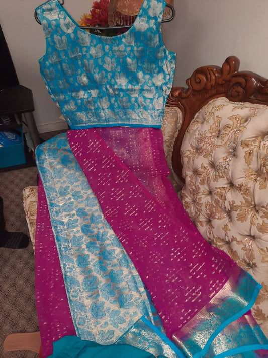 Stitched Banarsi sleeveless indian saree available
