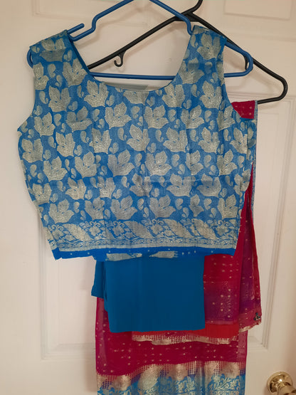 Stitched Banarsi sleeveless indian saree available