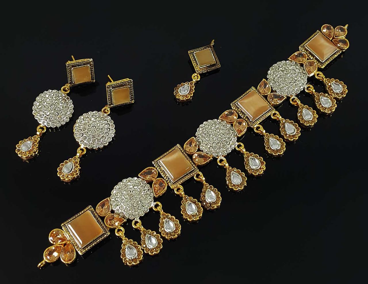Bridal Jewelry in Golden base with Champaigne precious stones - NATASHAHS