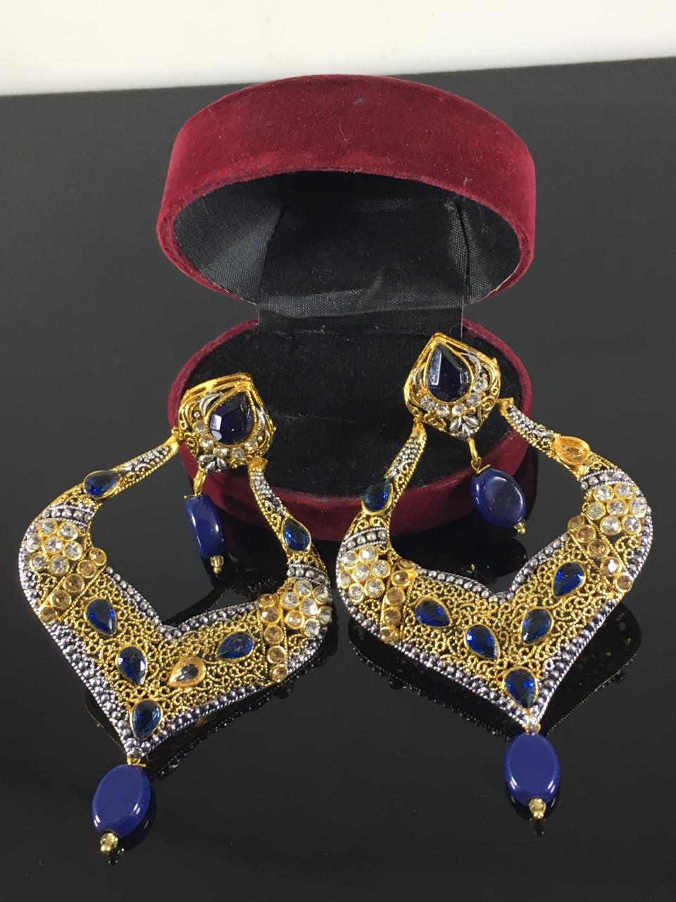 Blue stones Spade Style Earrings with Gold-plated Base - NATASHAHS