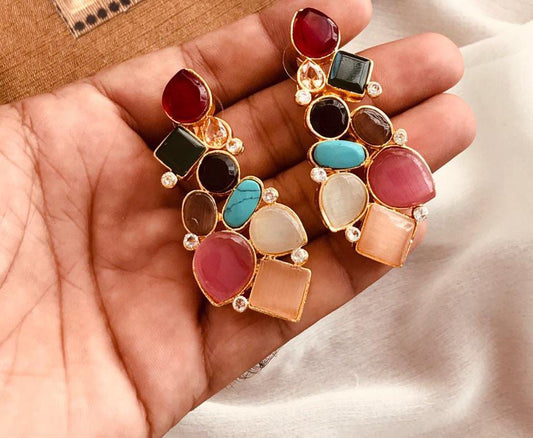 Stone Studded Long & Big Earrings - NATASHAHS