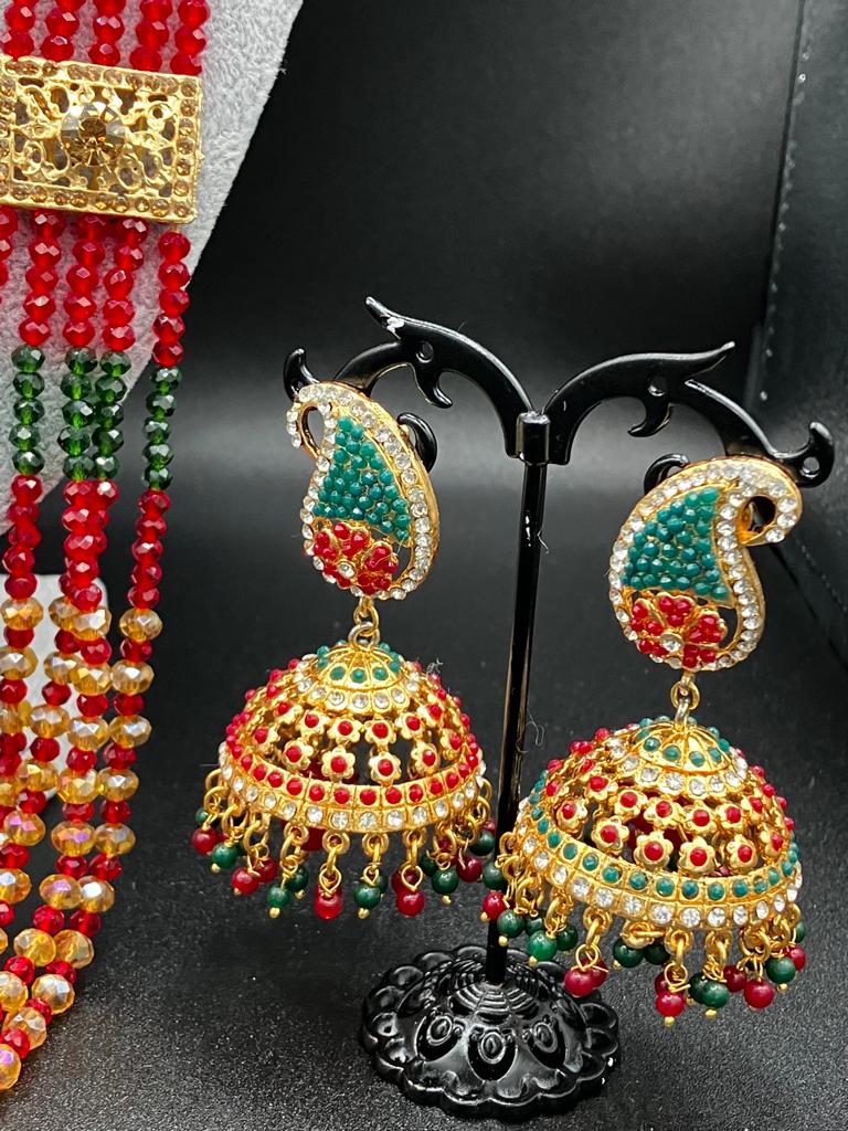 Hyderabadi style Red & Green jewelry set with jhumka and maala long necklace