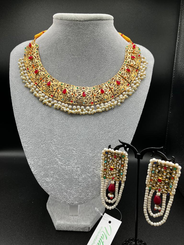 Golden base Hyderabadi earrings with modern choker - NATASHAHS