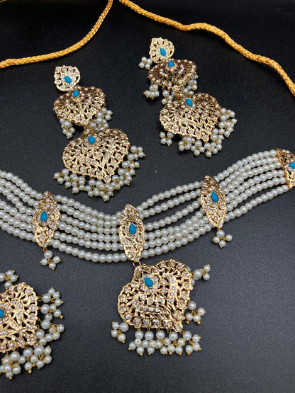 Hyderabadi style White pearls jewelry set with choker and anarkali earrings - NATASHAHS