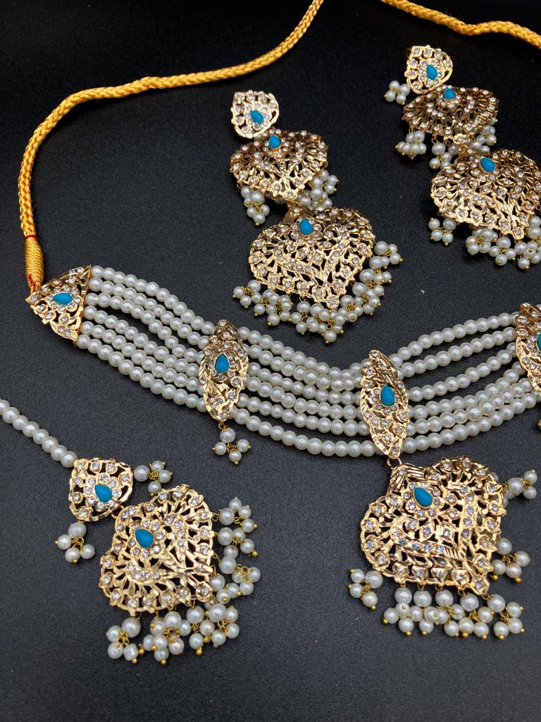 Hyderabadi style White pearls jewelry set with choker and anarkali earrings - NATASHAHS
