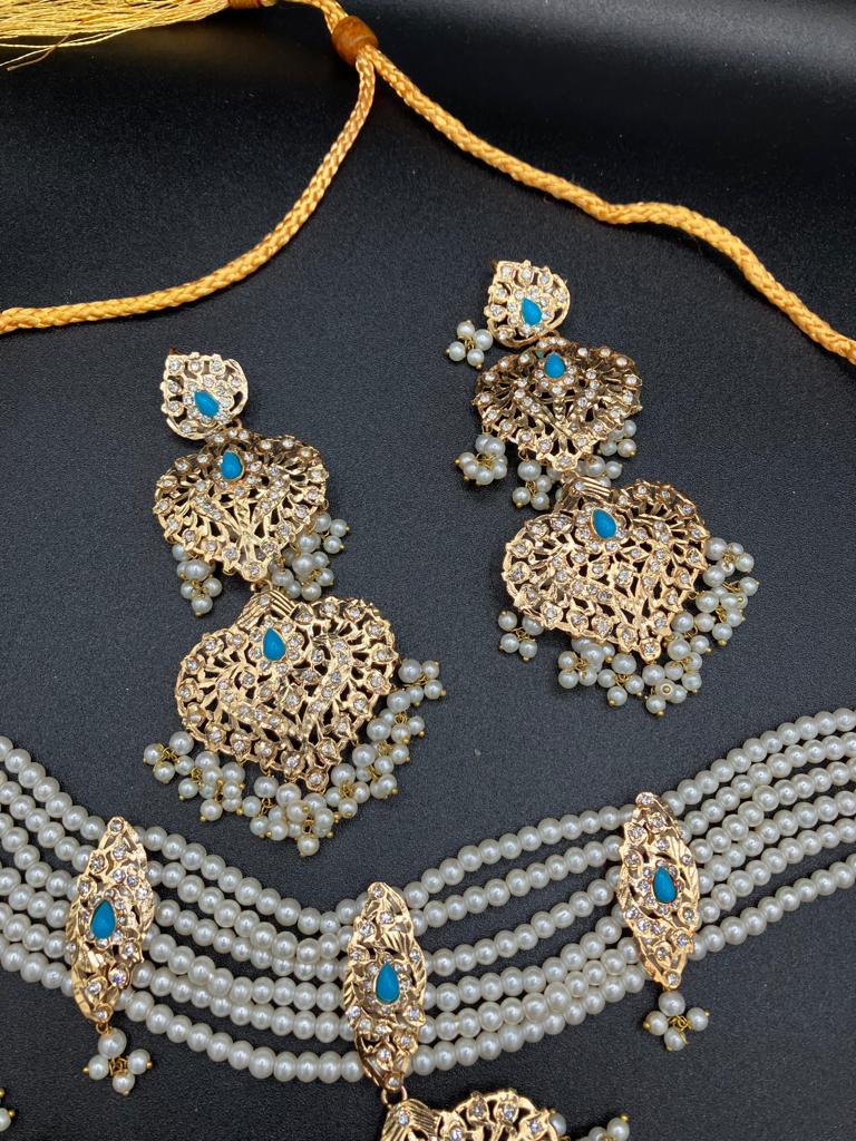 Hyderabadi style White pearls jewelry set with choker and anarkali earrings - NATASHAHS