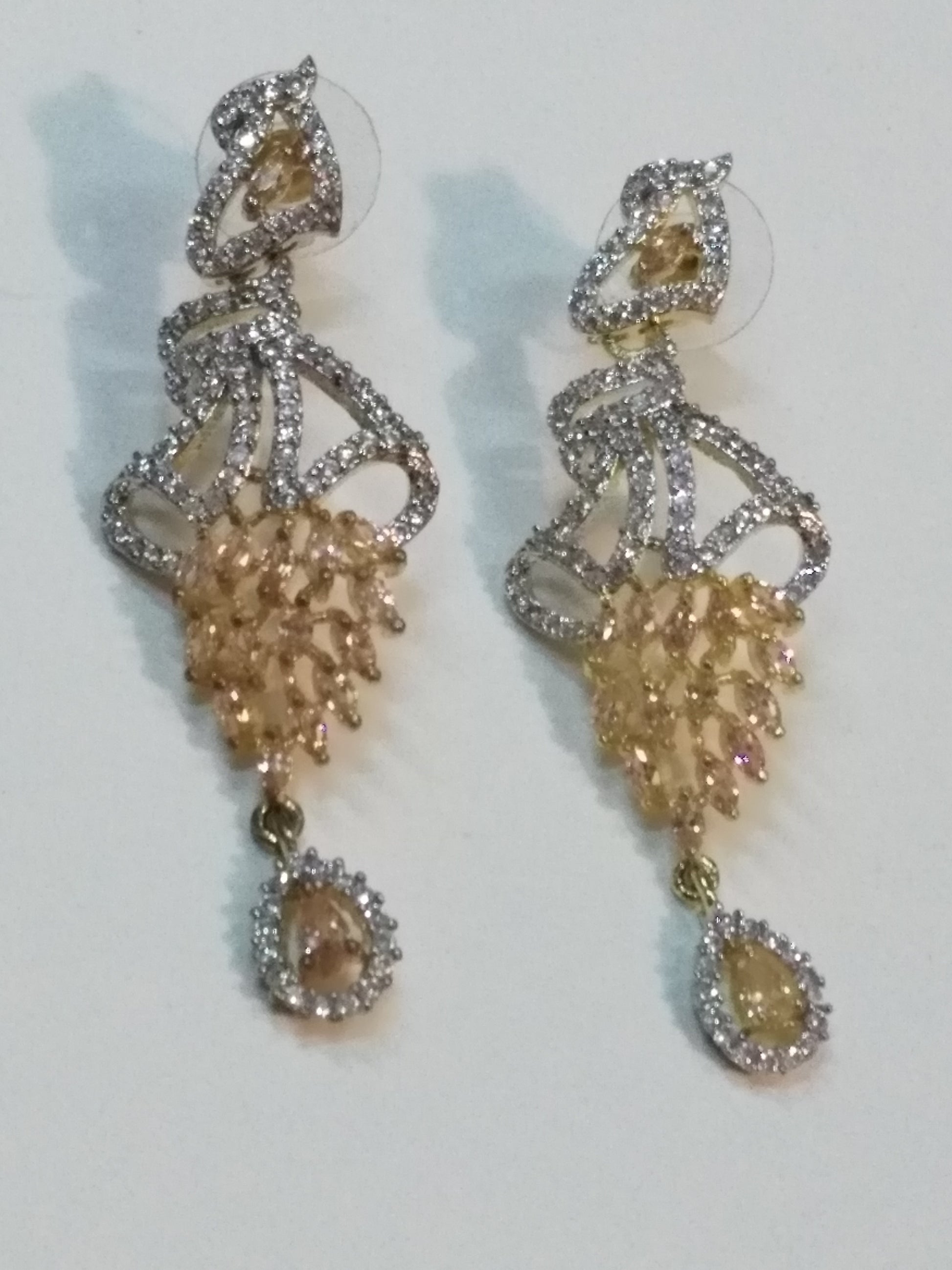 Inverted feather style champagne stones earrings - NATASHAHS