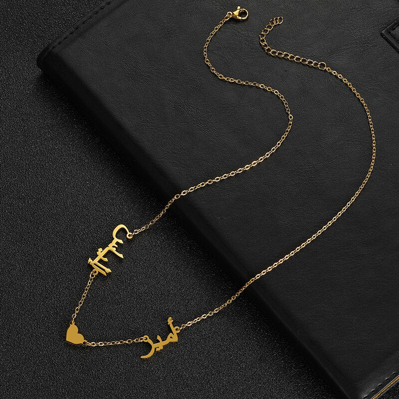 Islam Jewelry Personalized 2 Arabic Names with Heart Necklace Stainless Steel Letter Gold Plated Chain Choker for Women Gift