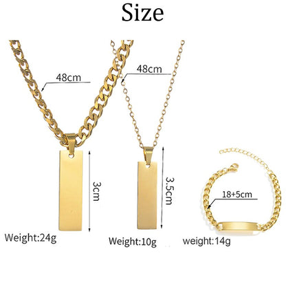 Personalized Engrave Name Square Pendant Necklace Bracelet Stainless Steel Custom Date Text ID Bar Choker Jewelry