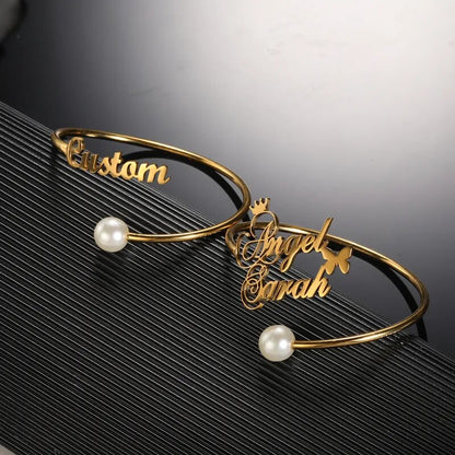 Personalized Pearl Name Bangles For Women Fashion Jewelry Stainless Steel Customized Adjustable Bracelets & Bangles Party Gifts - NATASHAHS