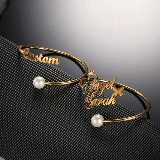 Personalized Pearl Name Bangles For Women Fashion Jewelry Stainless Steel Customized Adjustable Bracelets & Bangles Party Gifts - NATASHAHS