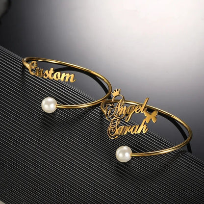 Personalized Pearl Name Bangles For Women Fashion Jewelry Stainless Steel Customized Adjustable Bracelets & Bangles Party Gifts - NATASHAHS