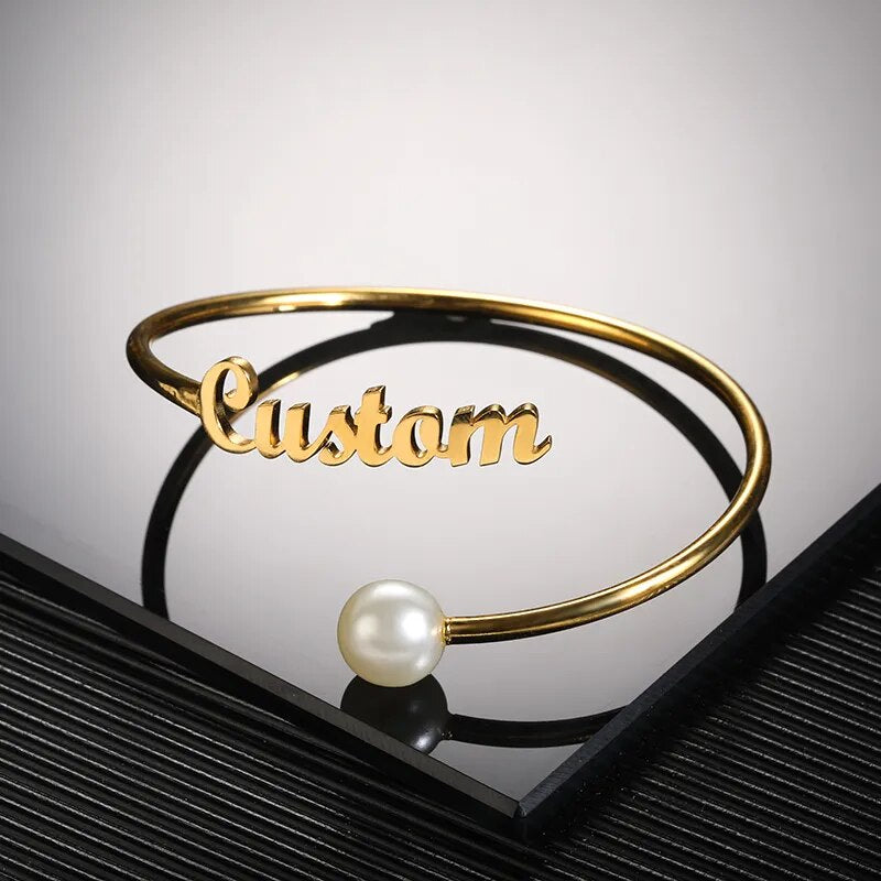 Personalized Pearl Name Bangles For Women Fashion Jewelry Stainless Steel Customized Adjustable Bracelets & Bangles Party Gifts - NATASHAHS