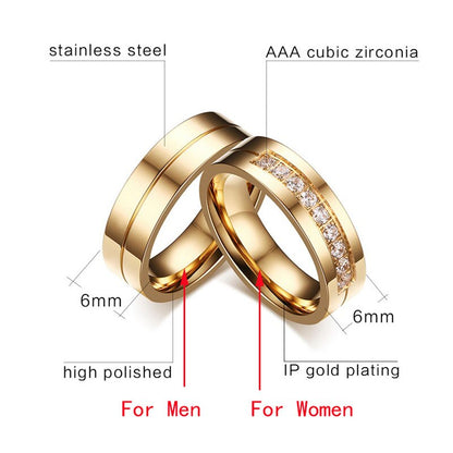 Wedding Bands Rings for Women / Men Love Gift Gold-color Stainless Steel CZ Promise Couple Jewelry - NATASHAHS