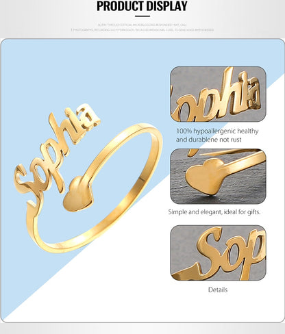 Adjustable Custom Ring Personalized Letter Heart Name Rings Stainless Steel - NATASHAHS