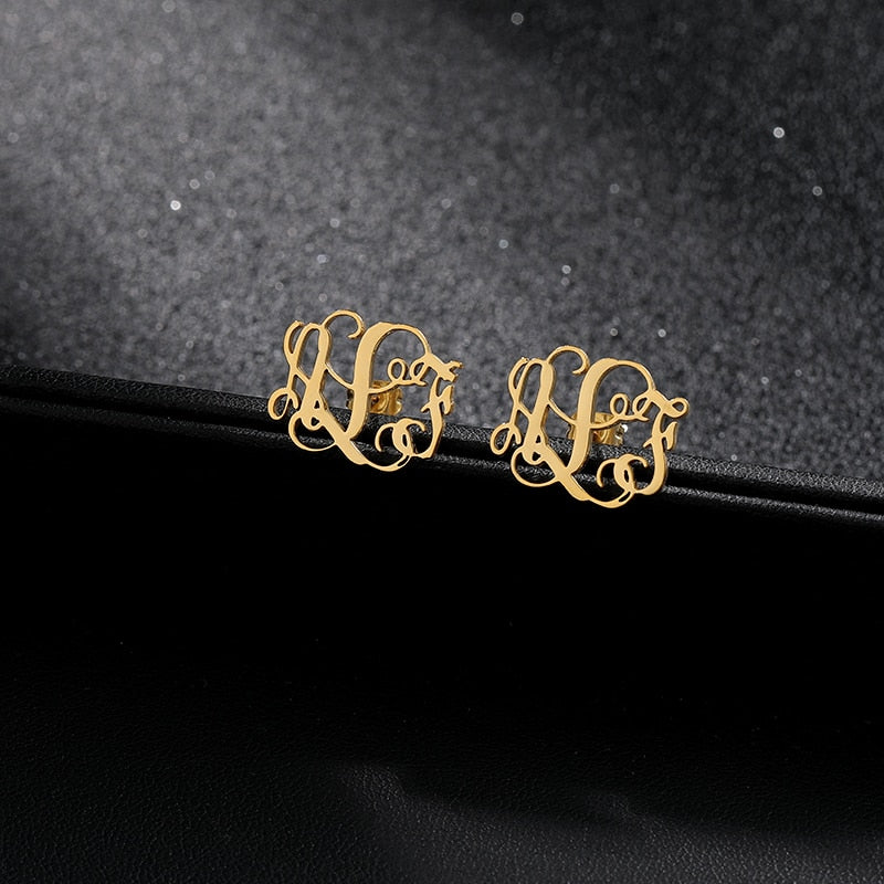 Initial Letter Earning Stainless Steel Earning Personalized Monogram Name Stud Earrings - NATASHAHS
