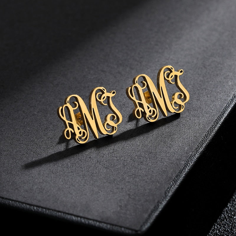 Initial Letter Earning Stainless Steel Earning Personalized Monogram Name Stud Earrings - NATASHAHS