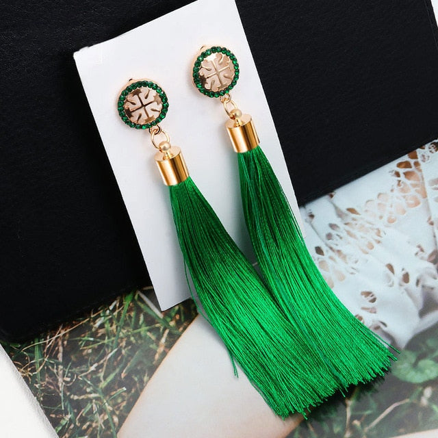 Fashion Bohemian Tassel Crystal Long Earrings Black Red Silk Fabric Drop Dangle Tassel Earrings For Women - NATASHAHS