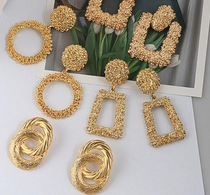 Natashahs Punk Fashion Statement Geometric Gold Big Drop Earrings for Women Vintage Hanging Dangle Earring Modern Jewelry - NATASHAHS