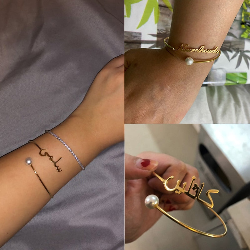 Personalized Name Charm Adjustable Gold Bracelet with Pearl for Lovers - NATASHAHS