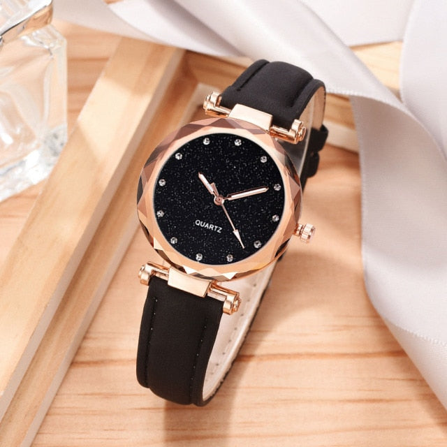 Natashahs Casual Women Romantic Starry Sky Wrist Watch bracelet Leather Rhinestone Designer Ladies Clock Simple Dress Gfit  Montre Femme - NATASHAHS