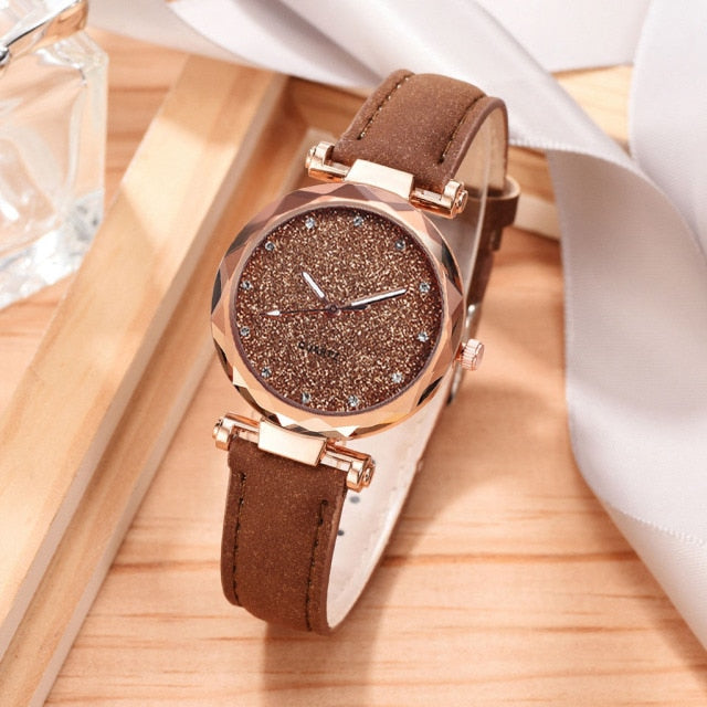 Natashahs Casual Women Romantic Starry Sky Wrist Watch bracelet Leather Rhinestone Designer Ladies Clock Simple Dress Gfit  Montre Femme - NATASHAHS