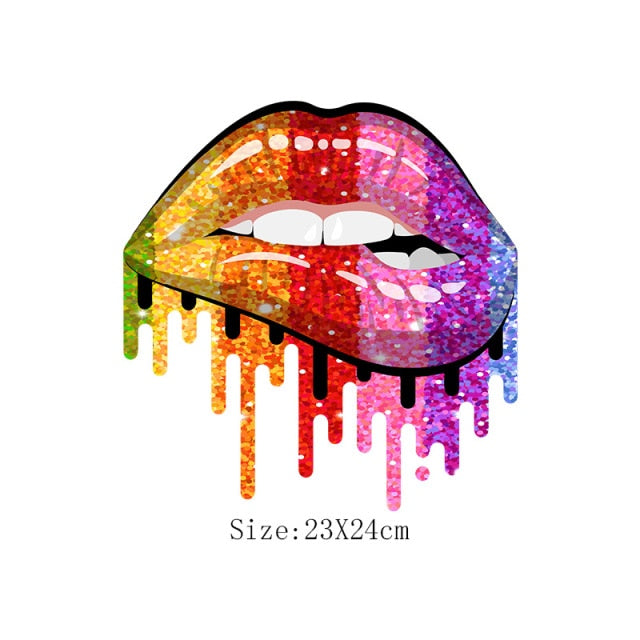 Lips Patches Rainbow Lips Thermal Sticker Iron On Transfers Fashion Girl DIY T-Shirt Tops Patch Heat Transfer Stickers Appliqued - NATASHAHS