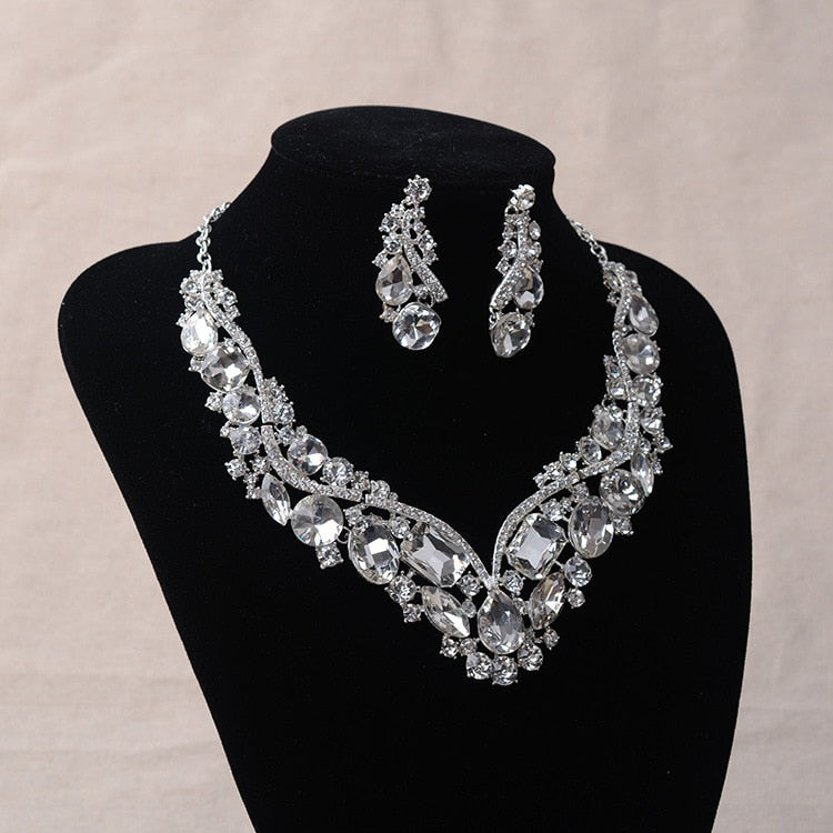 Luxury Rhinestone Wedding Jewelry Sets Earrings Geometric Crystal Statement Necklace Set for Bride African Bridal Jewelry Sets - NATASHAHS